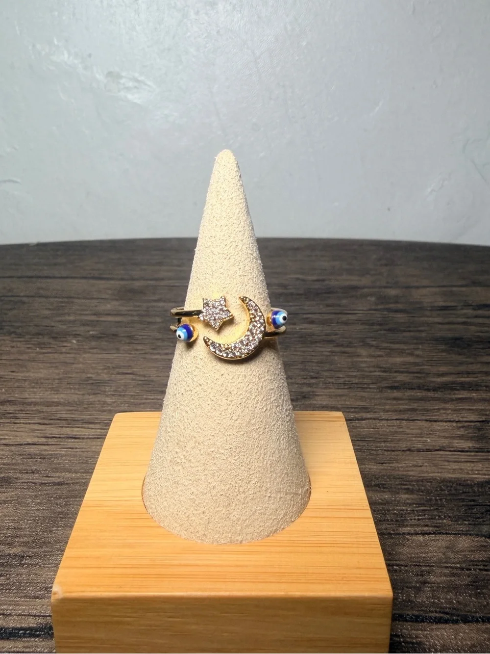 Gold Moon & Star Crystal Ring with Blue Accent adjustable